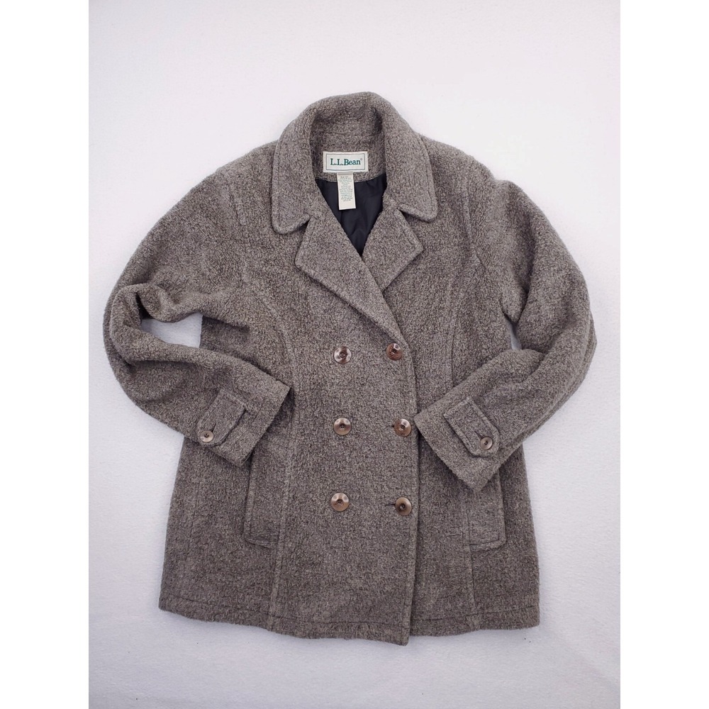 LL Bean Pea Coat Womens Medium Beige Gray Wool Double Breasted Heavy Overcoat